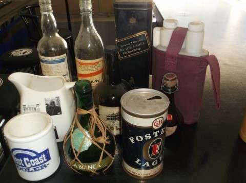 BAR ACCESSORIES : VARIOUS EMPTY BOTTLES, TINS, JUG ETC